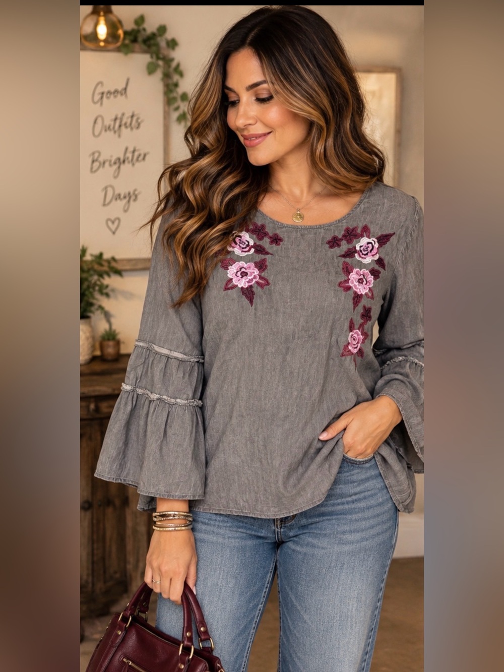 DG2 Diane Gilman XL Gray Floral Embroidered Bell Sleeve Cotton Blouse